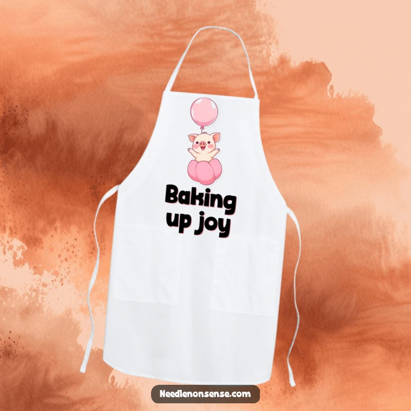 Funny kawaii piglet smiling and floating up on a balloon, a humorous and cheerful design on this kitchen apron, great for cooking.