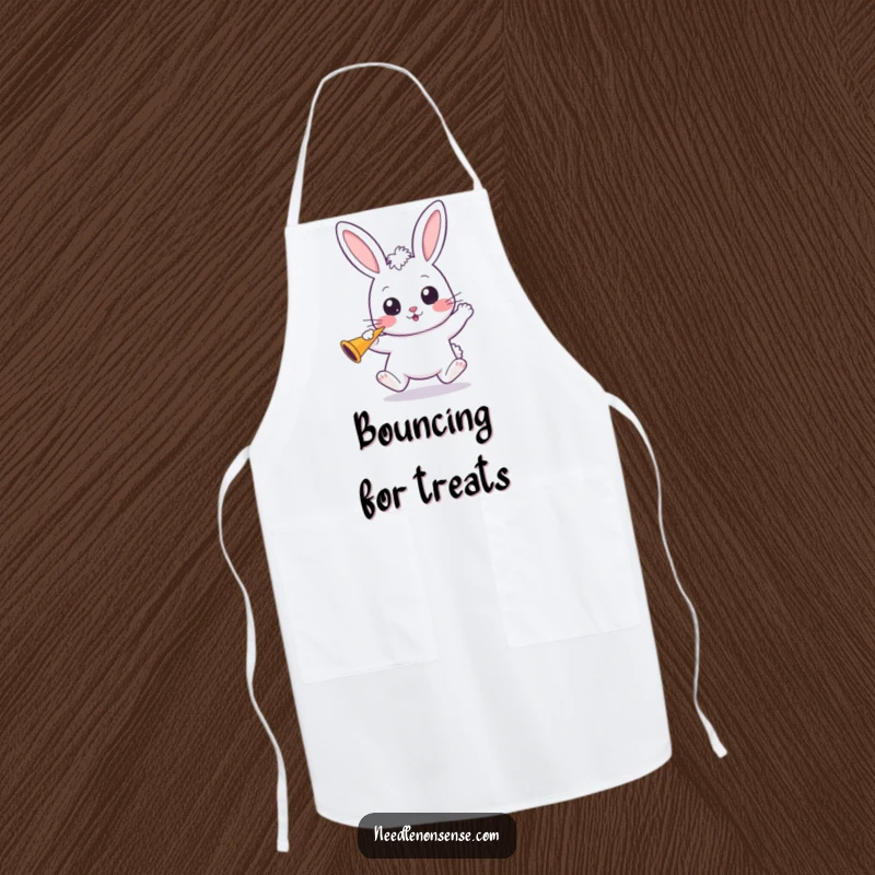 Funny Kawaii Bunny Apron: A wide-eyed kawaii bunny bounces, holding a party horn, adding cheerful fun to cooking.