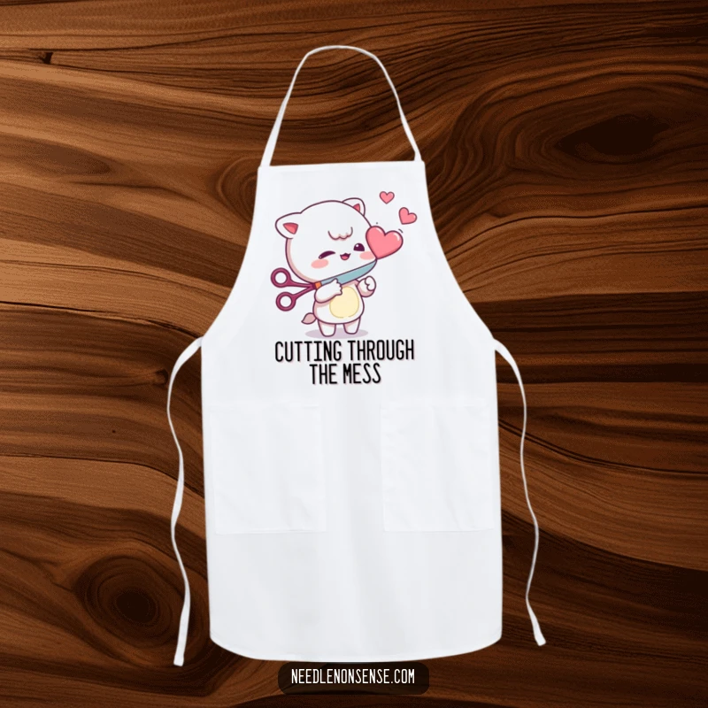 Funny Apron: Mischievous character playfully cutting a floating heart with scissors, ideal for a humorous cooking experience.