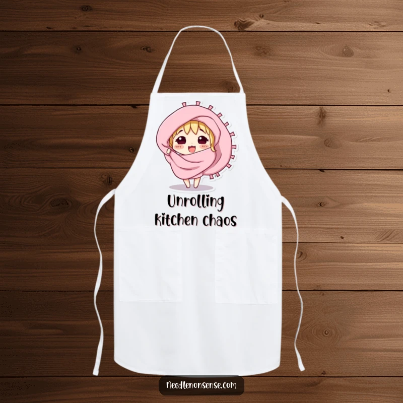 Funny apron with a curious fabric swatch character excitedly unfurling, adding style to kitchen activities.
