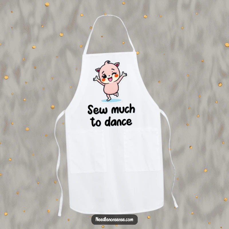 Funny apron depicting a determined fabric patch character dancing with enthusiasm, perfect for kitchen or craft activities.