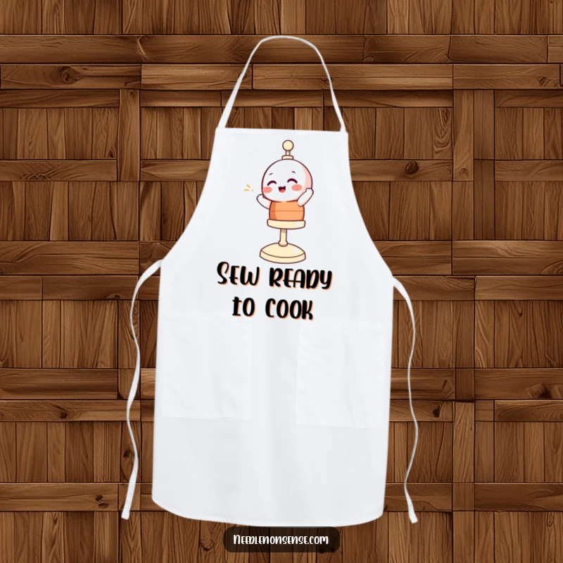 Funny apron featuring a giggling bobbin character spinning with delight, ideal for cooking or crafting with a humorous flourish.