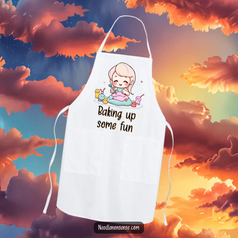 Funny apron adorned with a happy soda character sculpting small figures, perfect for protecting clothes during creative activities.