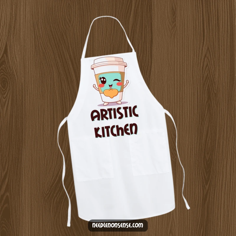 Funny apron with a winking coffee cup character proudly displaying a colorful abstract design, ideal for artistic cooks.