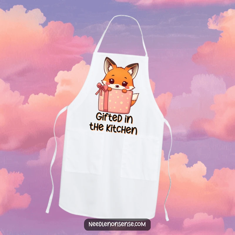 Funny kawaii fox peeking from behind a vibrant gift box, a humorous and charming design on this kitchen apron, great for cooking.