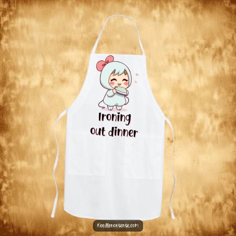 Funny apron with a blushing character humorously attempting to iron a wrinkle out of thin air, for protection with a laugh.