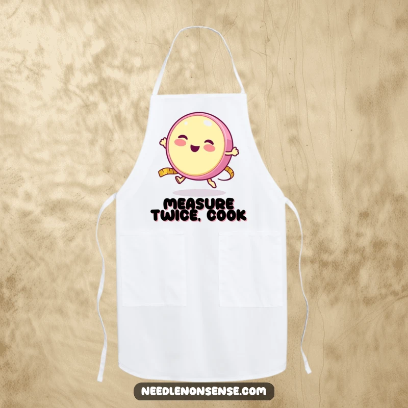 Funny apron showing a round measuring tape character happily bouncing like a yo-yo, perfect for measuring tasks.