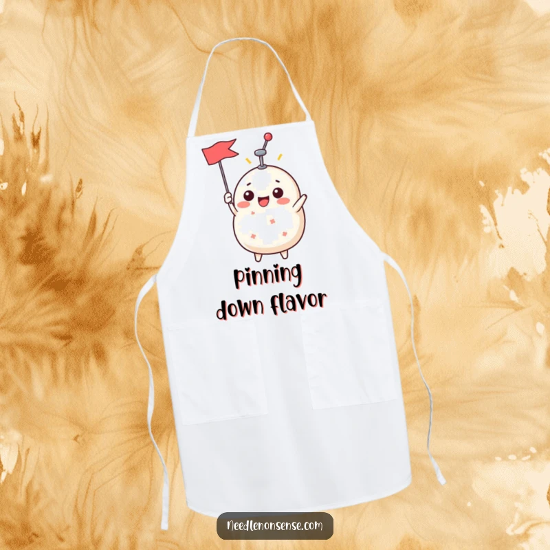 Funny Apron with a joyful pin cushion character holding a pin like a flag, ready to tackle culinary or crafting adventures.