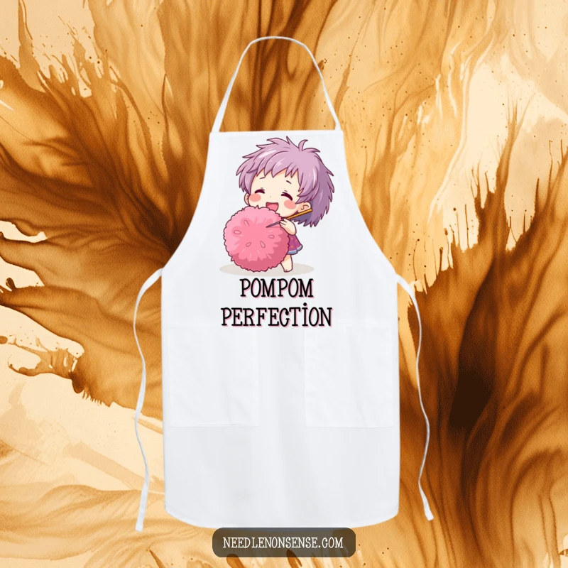 Funny apron depicting a happy character playfully poking a giant pom-pom with a needle, practical and humorous for any maker.