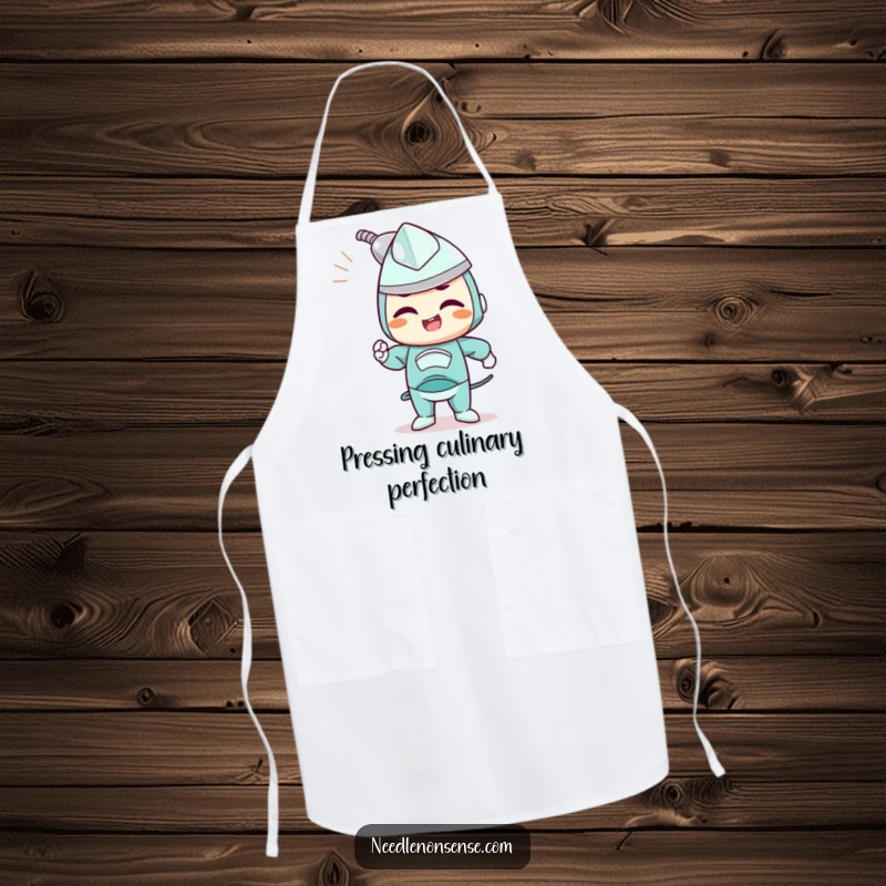 Funny apron with a determined iron character joyfully smoothing out wrinkles, perfect for a tidy cooking experience.