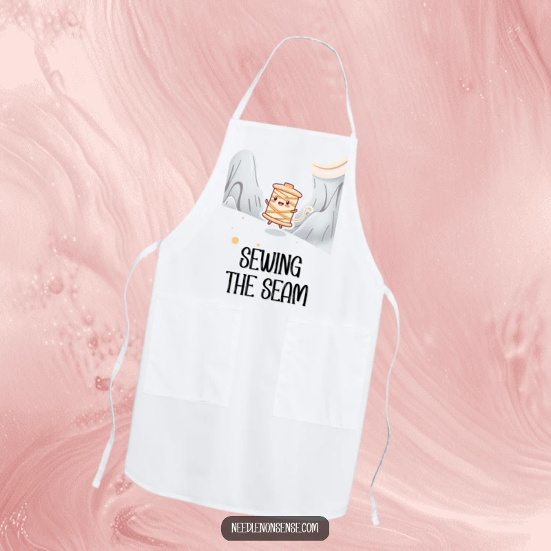 Funny apron showing a happy spool of thread character zipping across a fabric landscape, perfect for quick projects.