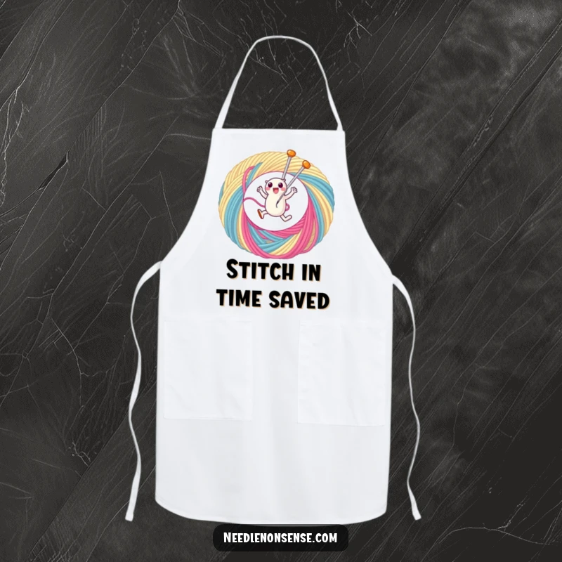 Funny apron showing a cute needle character joyfully leaping through a colorful thread loop, perfect for messy projects.