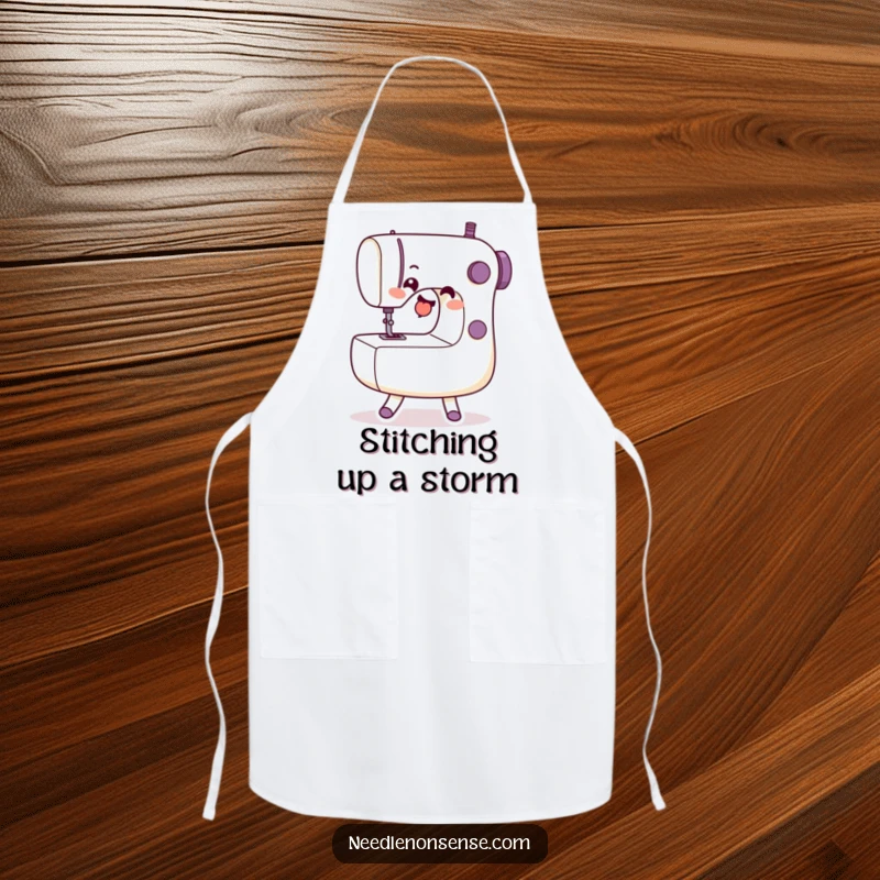 Funny Apron showing a sewing machine character doing a joyful dance, perfect for cooking or crafting sessions.