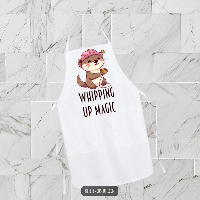 Funny Otter Sewing Apron, showing a playful otter with a spool hat, happily spinning, ideal for protecting clothes while crafting.