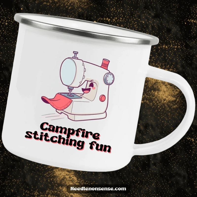 Funny Camping Mug: A mischievous sewing machine character gleefully zooms across fabric, perfect for enjoying drinks outdoors.