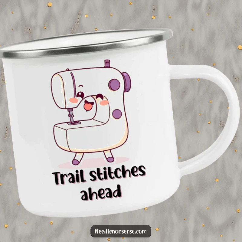 Funny Camping Mug featuring a sewing machine character in a dance pose, perfect for outdoor crafting fun.