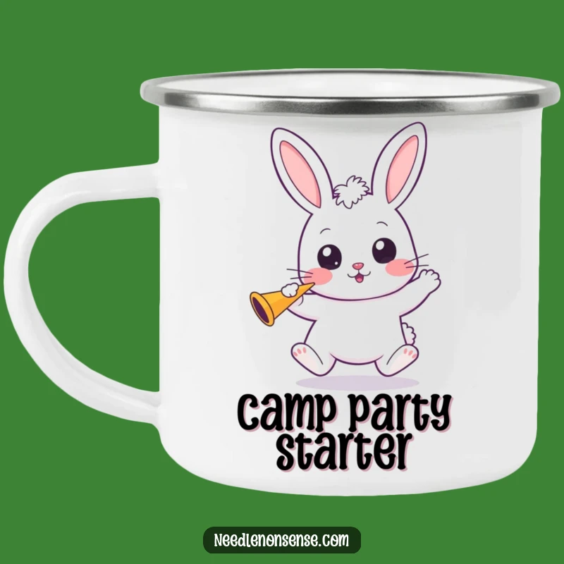 Funny Kawaii Bunny Camping Mug: Festive Adventures with Wide Eyes and Party Horns