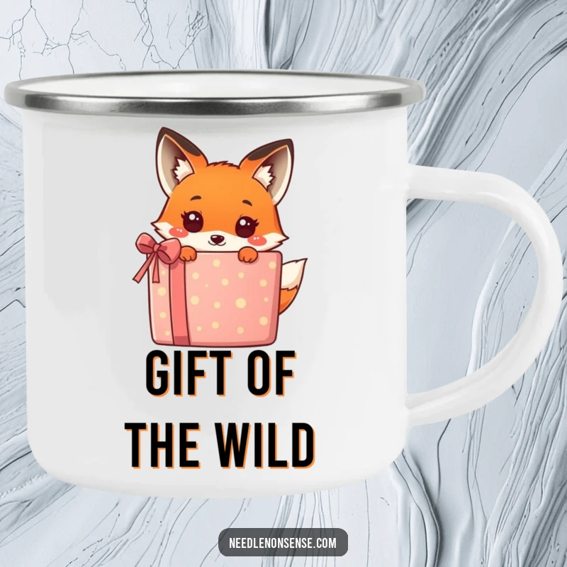 Funny kawaii fox peeking from behind a big gift, a humorous and adventurous design on this durable camping mug, great for travel.