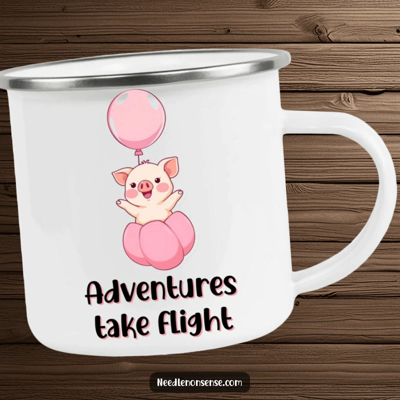 Funny kawaii piglet smiling and floating upwards on a balloon, a humorous and adventurous design on this durable camping mug, great for travel.