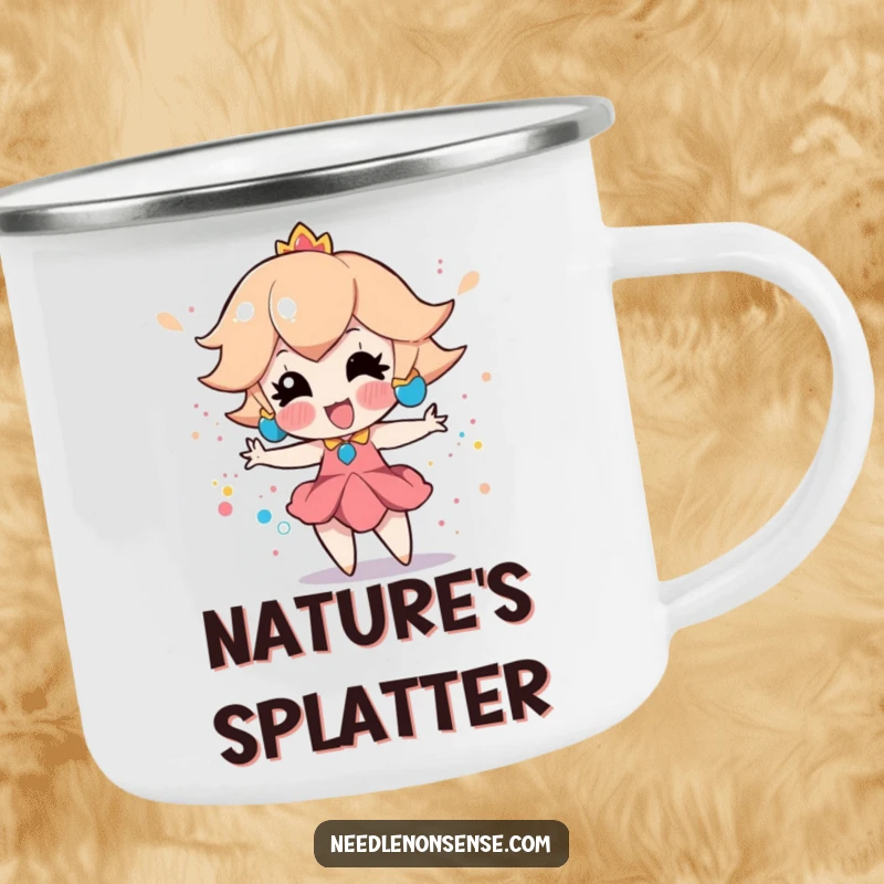 Funny camping mug featuring a playful peach character creating a colorful splatter paint effect, perfect for artistic outdoor enjoyment.
