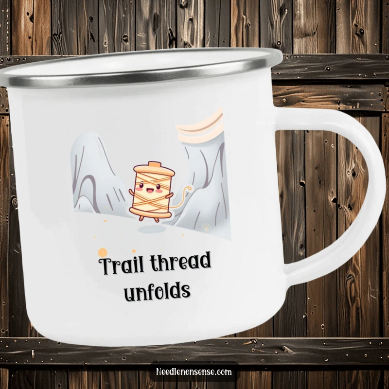 Funny enamel camping mug depicting a happy spool of thread character zipping across a fabric landscape, ready for the outdoors.