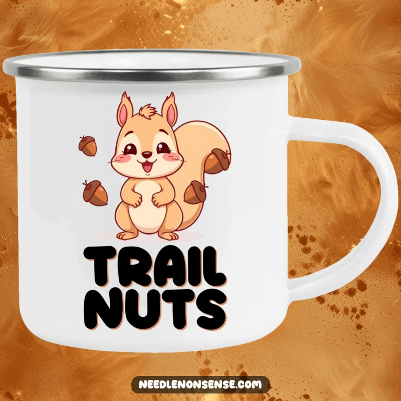 Funny kawaii squirrel juggling acorns with surprise, ready for outdoor adventures on a durable camping mug.