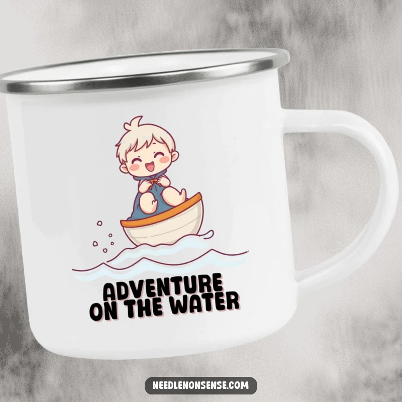 Funny camping mug featuring a giggling character sailing a thimble boat, perfect for beverages on the go with a humorous touch.