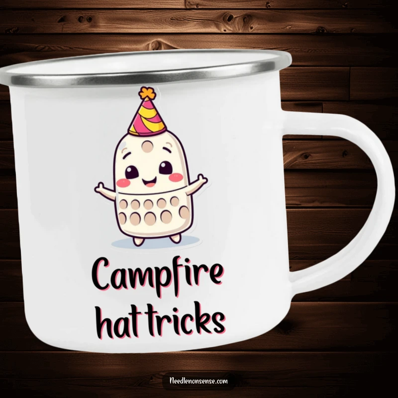 Funny enamel camping mug featuring a smiling thimble character wearing a party hat and spinning joyfully.