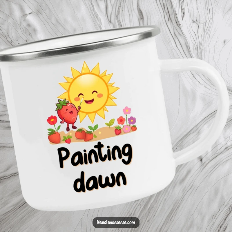 Funny camping mug featuring a happy strawberry character painting a giant smiling sun, perfect for artistic outdoor enjoyment.
