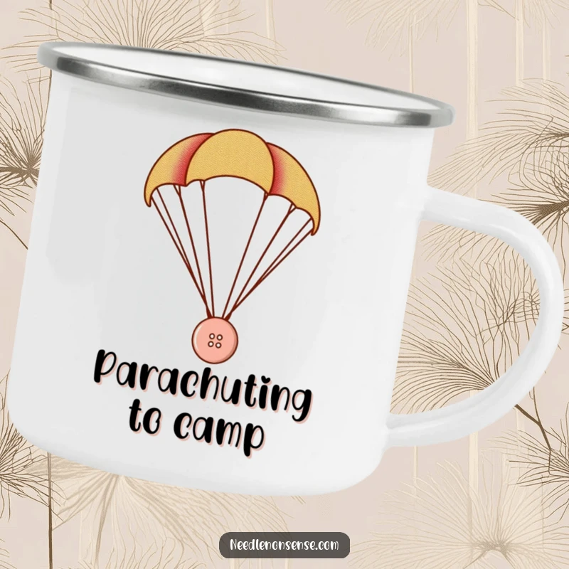 Funny Button Parachute Camping Mug, a tiny button parachutes with a fabric swatch, funny outdoor gift.