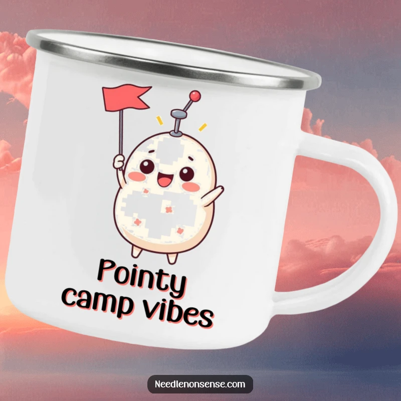 Funny Camping Mug showing a happy pin cushion character holding a pin like a flag, perfect for outdoor crafting sessions.