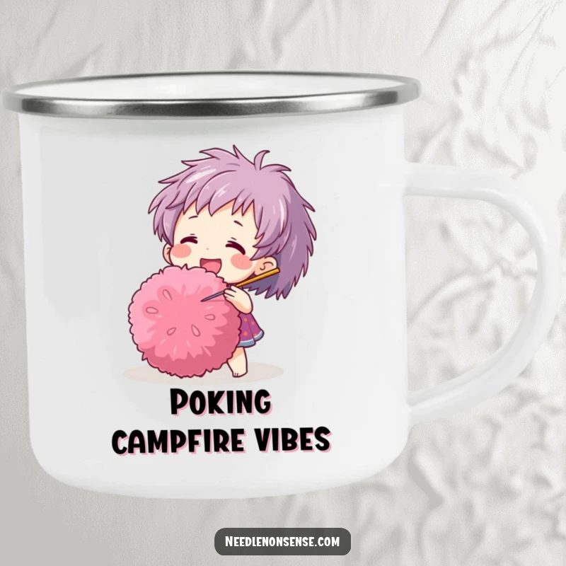 Funny camping mug showing a happy character poking a giant pom-pom with a needle, designed for adventurous crafters.