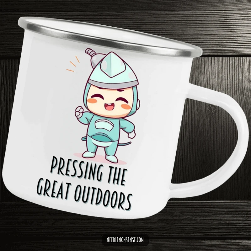 Funny camping mug with a determined iron character joyfully smoothing out wrinkles, perfect for outdoor focus.