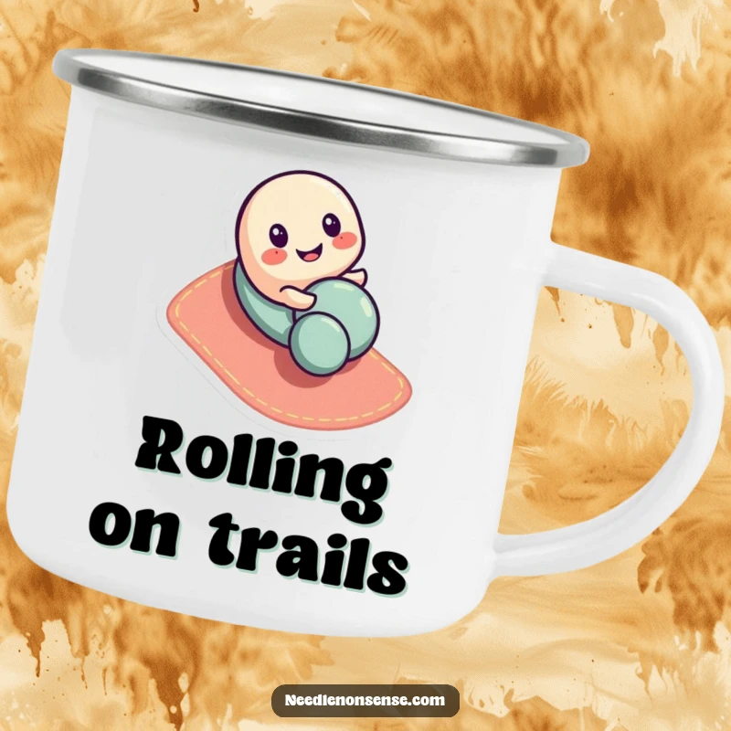 Funny button character camping mug, joyfully rolling down a slope, a cute and humorous addition to outdoor adventures.