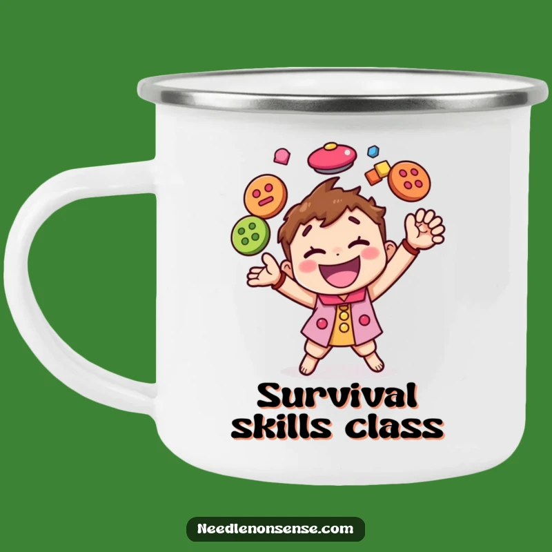 Funny Button Juggling Character Camping Mug, a Durable and Hilarious Gift for Outdoorsy Crafters