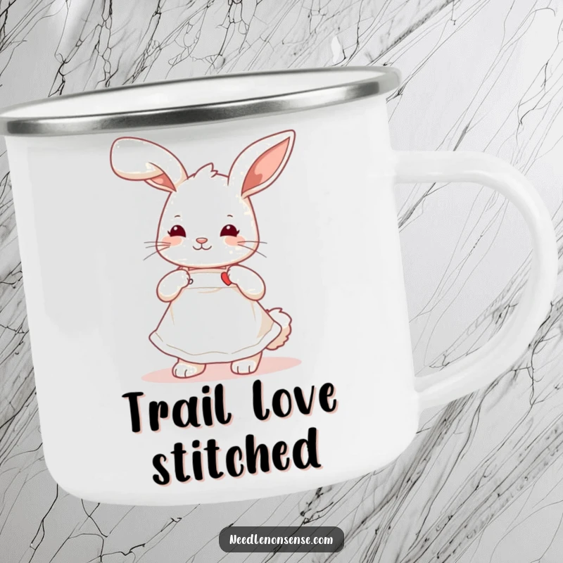 Funny playful bunny wearing a cute apron, stitching a tiny heart, a durable and humorous camping mug.