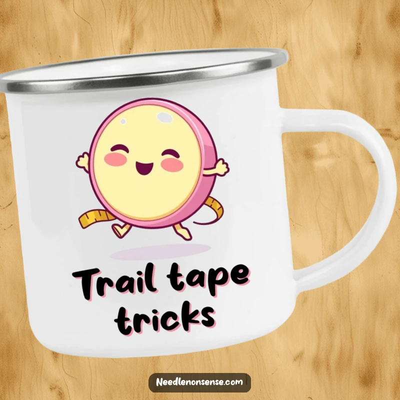 Funny enamel camping mug depicting a round measuring tape character happily bouncing like a yo-yo, ready for outdoor fun.