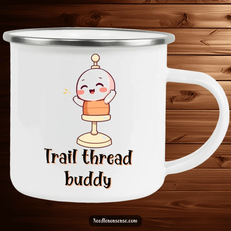 Funny camping mug showcasing a giggling bobbin character spinning merrily, perfect for outdoor enthusiasts who love a good laugh.