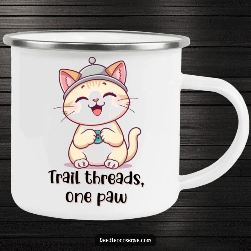 Funny cat wearing a thimble hat sewing a button, a durable and humorous camping mug for outdoor enthusiasts.