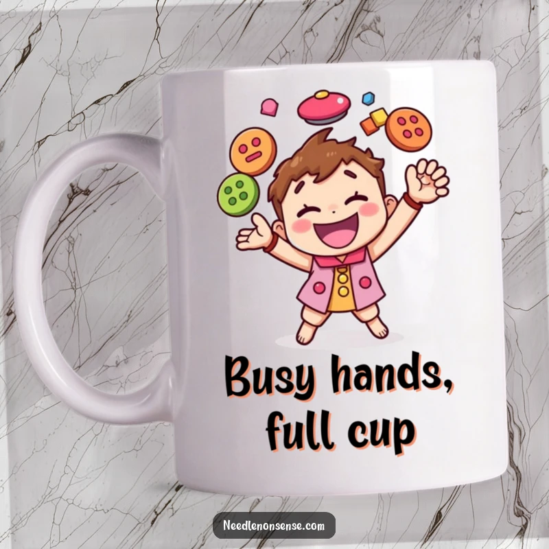 Funny mug featuring a happy character energetically juggling many colorful buttons, showcasing a passion for crafting and fun.