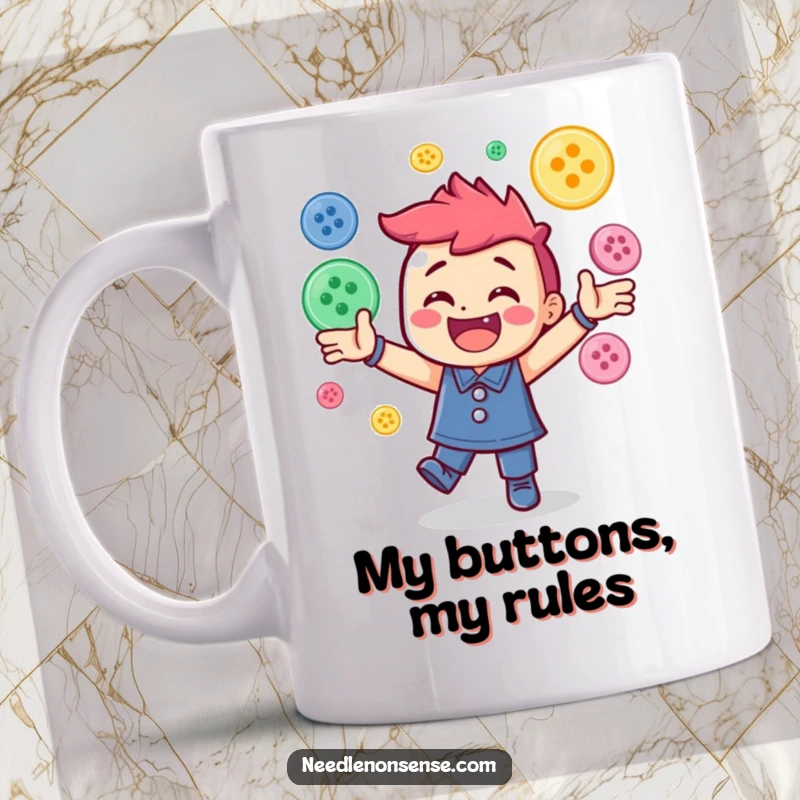 Funny mug featuring a cheerful character energetically juggling a pile of colorful sewing buttons, a playful and humorous scene.