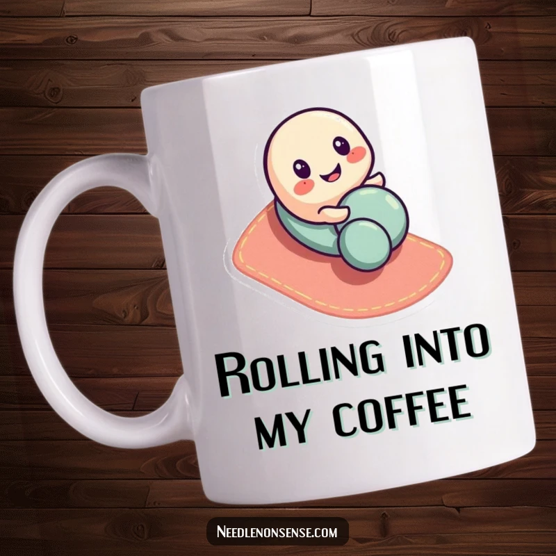 Funny button character mug, joyfully rolling down a fabric slope with a happy expression, a cute gift.