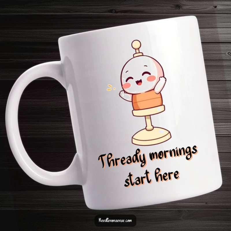 Funny mug featuring a giggling bobbin character merrily spinning on its stand, exuding pure joy and sewing humor.