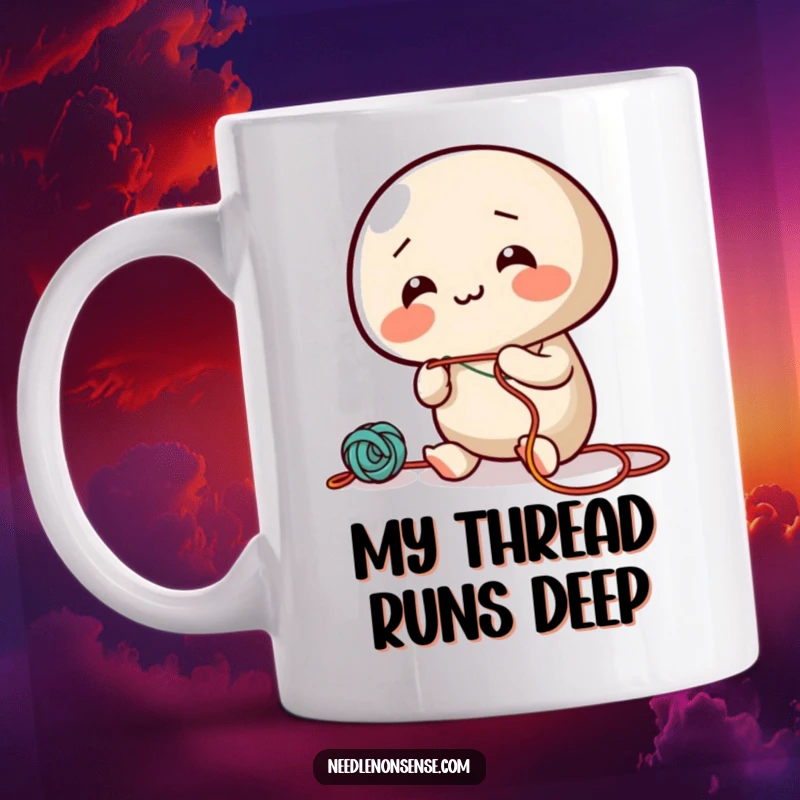 Funny mug with a giggling needle character joyfully threading colorful string, showcasing a whimsical and creative personality.