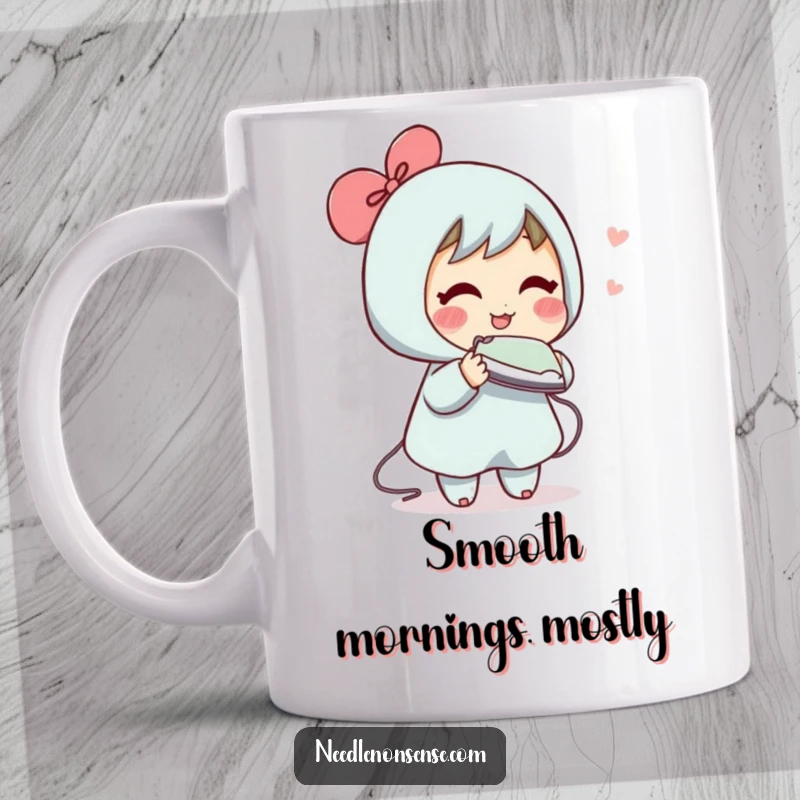 Funny mug showing a blushing character attempting to iron a wrinkle that exists only in the air, capturing relatable domestic struggles humorously.