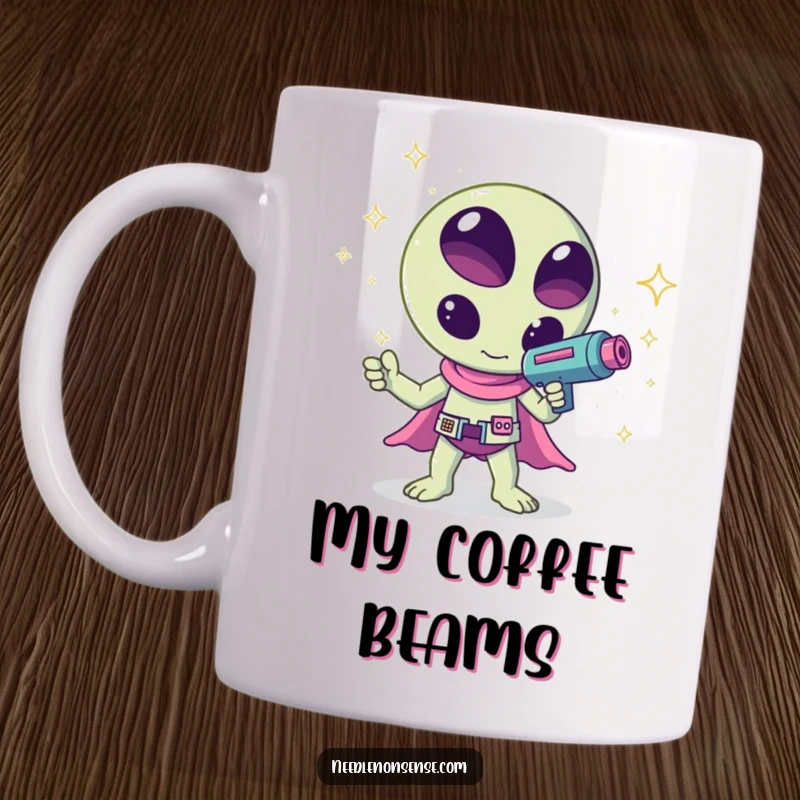 Funny kawaii alien waving a ray gun that shoots colorful sparkles, looking friendly on this mug, perfect for gifting.