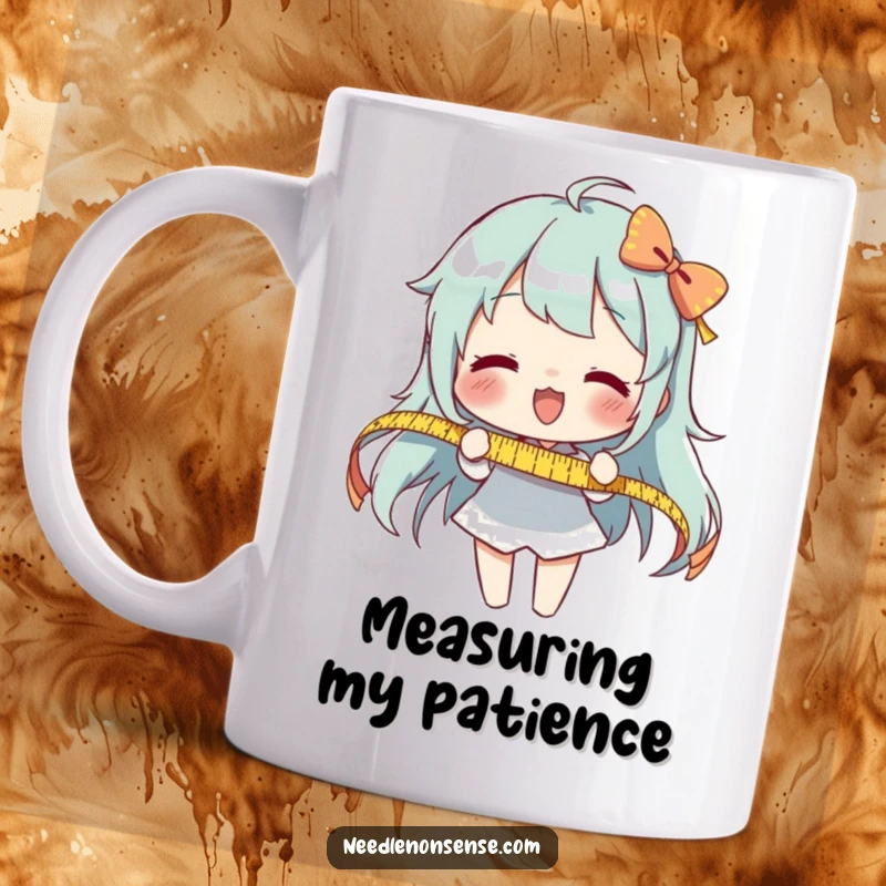 Funny Measuring Ribbon Mug: An enthusiastic character meticulously measures a long piece of ribbon with a smile.