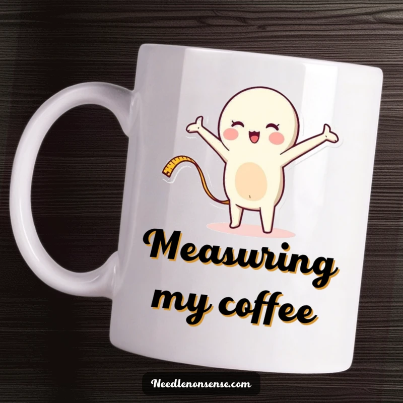 Funny mug featuring a whimsical measuring tape character stretching out energetically, embodying the spirit of measurement and humor.