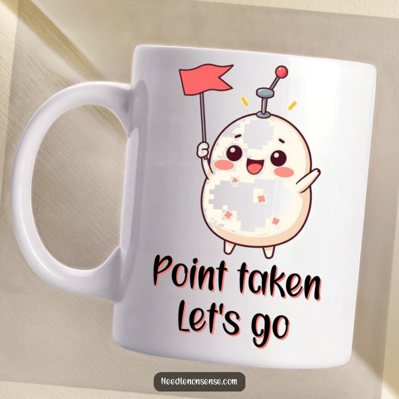 Funny Mug featuring a beaming pin cushion character triumphantly raising a single pin like a victory flag, ready to conquer the day.