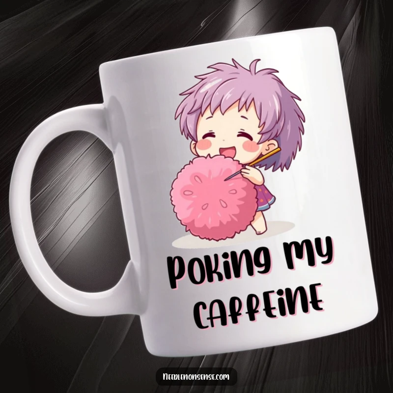 Funny mug showing a happy character gently poking a large, fluffy pom-pom with a sewing needle, a humorous crafting scene.